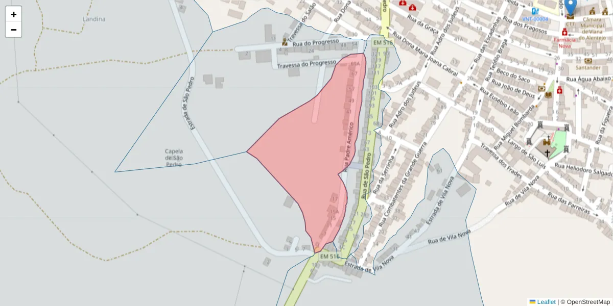 Mapa detalhado do código postal 7090-282 com limites, códigos postais vizinhos e agências dos correios