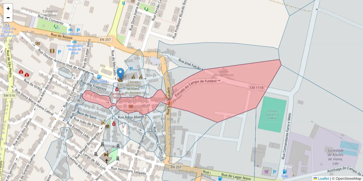 Mapa detalhado do código postal 7090-284 com limites, códigos postais vizinhos e agências dos correios