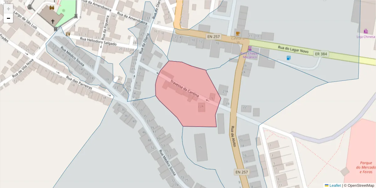 Mapa detalhado do código postal 7090-288 com limites, códigos postais vizinhos e agências dos correios