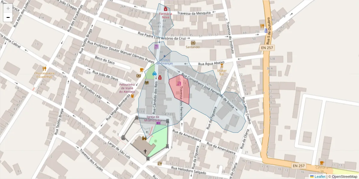 Mapa detalhado do código postal 7090-295 com limites, códigos postais vizinhos e agências dos correios