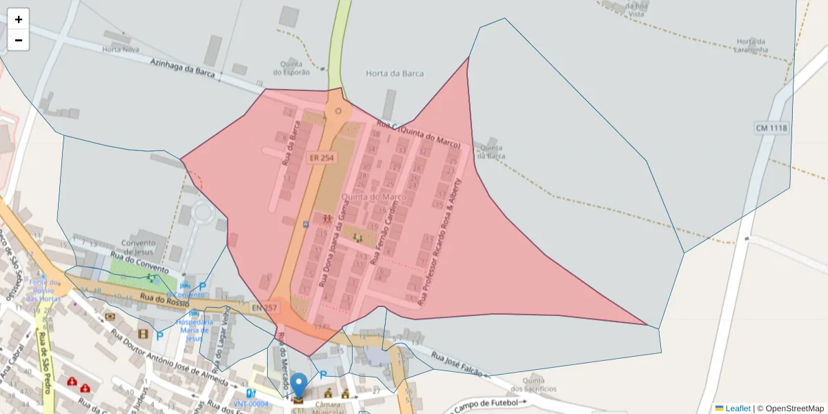 Mapa detalhado do código postal 7090-300 com limites, códigos postais vizinhos e agências dos correios
