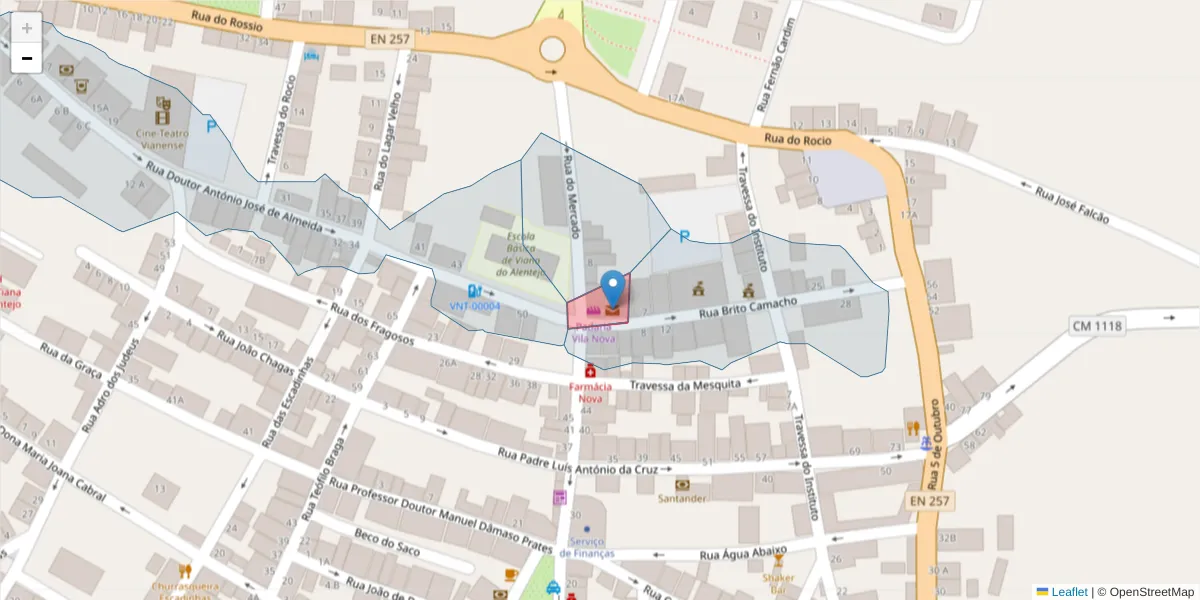 Mapa detalhado do código postal 7090-999 com limites, códigos postais vizinhos e agências dos correios