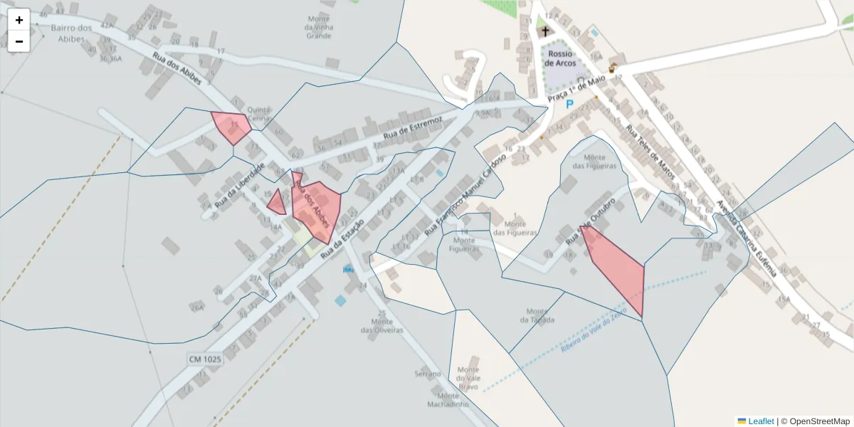 Mapa detalhado do código postal 7100-024 com limites, códigos postais vizinhos e agências dos correios