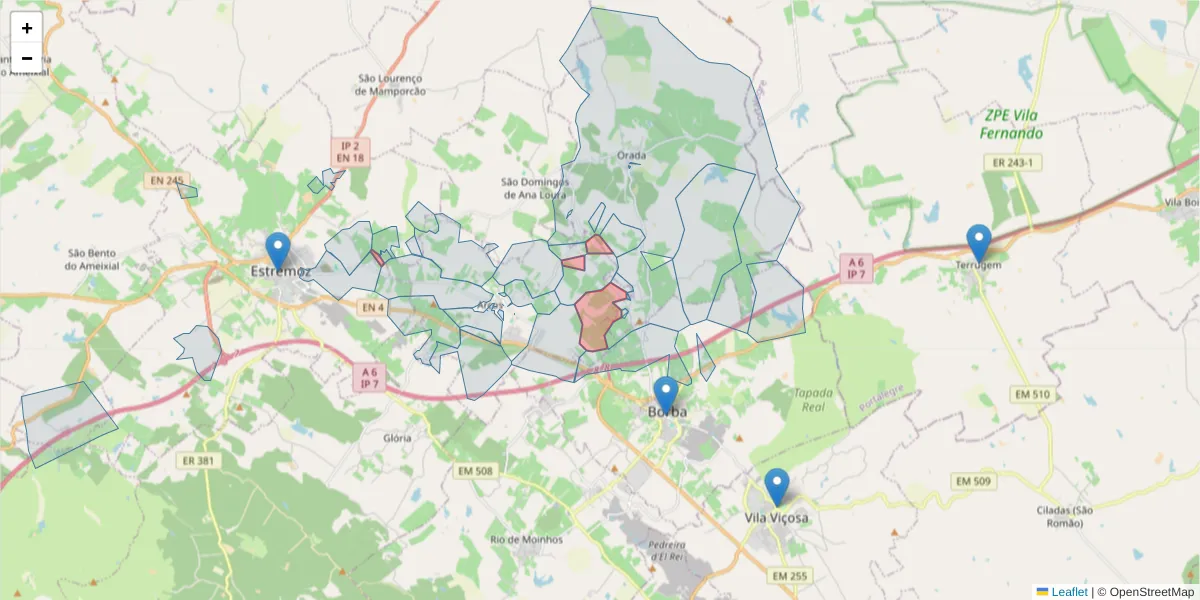 Mapa detalhado do código postal 7100-037 com limites, códigos postais vizinhos e agências dos correios