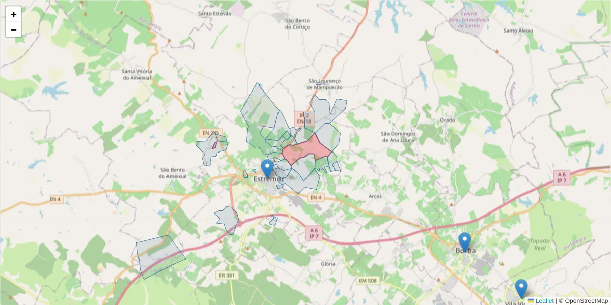 Mapa detalhado do código postal 7100-062 com limites, códigos postais vizinhos e agências dos correios