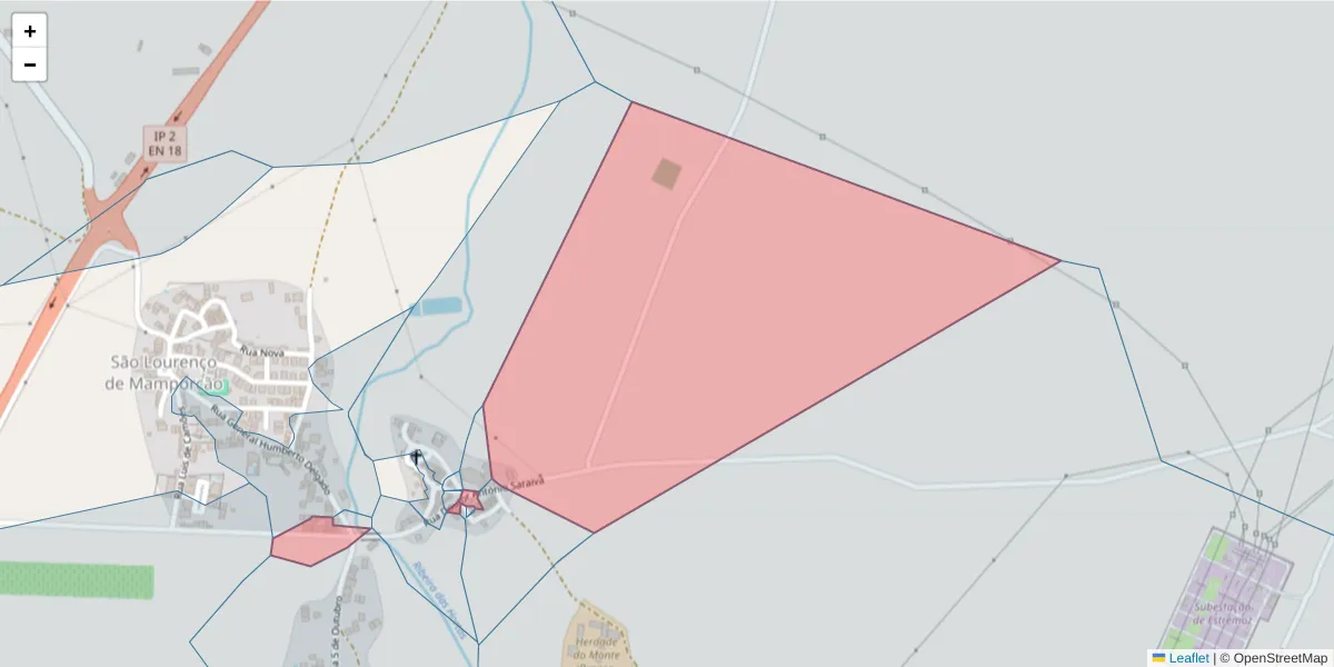 Mapa detalhado do código postal 7100-067 com limites, códigos postais vizinhos e agências dos correios