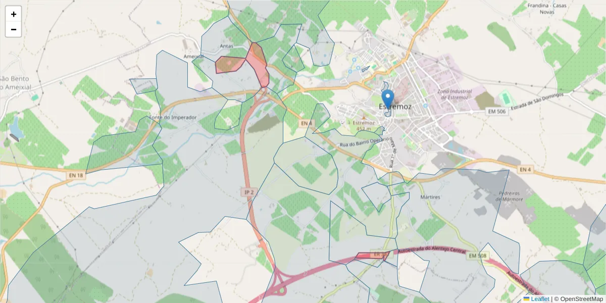 Mapa detalhado do código postal 7100-071 com limites, códigos postais vizinhos e agências dos correios