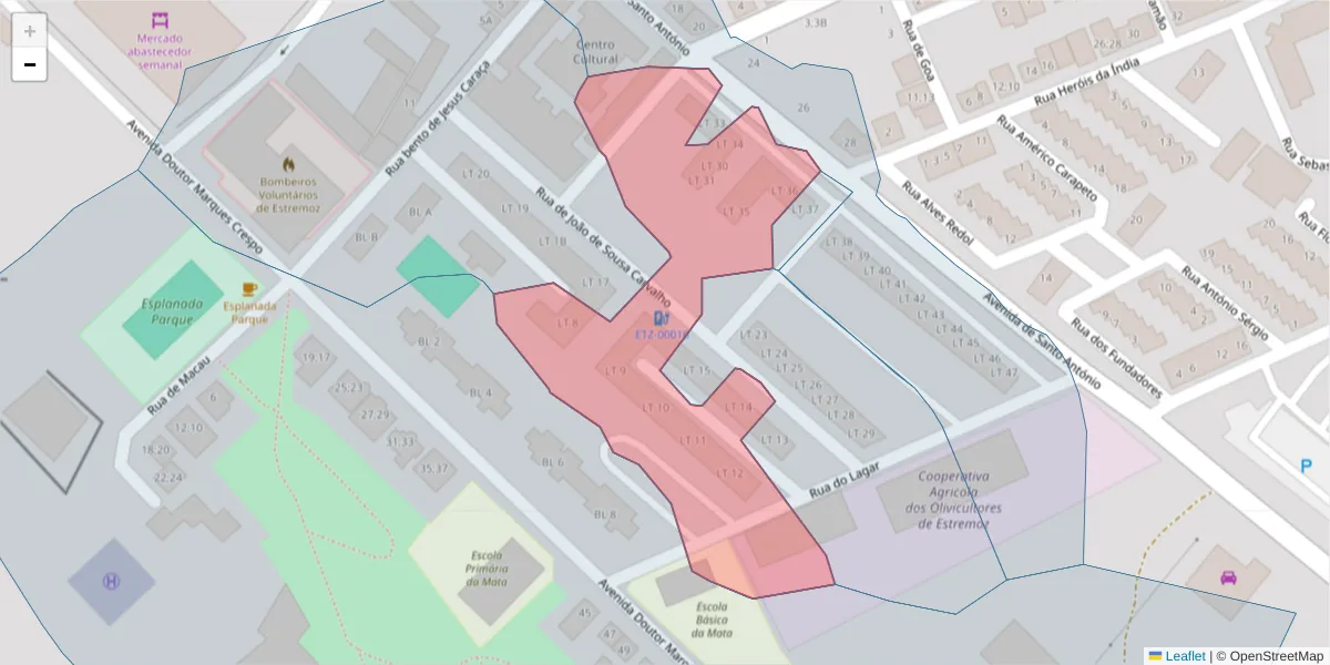 Mapa detalhado do código postal 7100-073 com limites, códigos postais vizinhos e agências dos correios