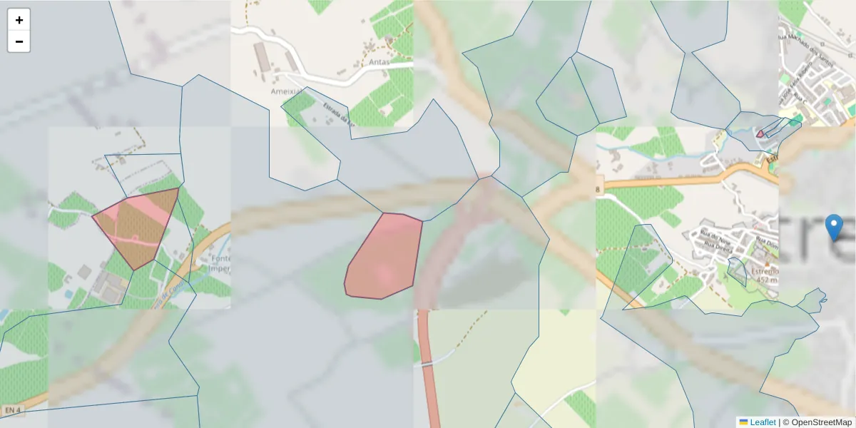 Mapa detalhado do código postal 7100-076 com limites, códigos postais vizinhos e agências dos correios
