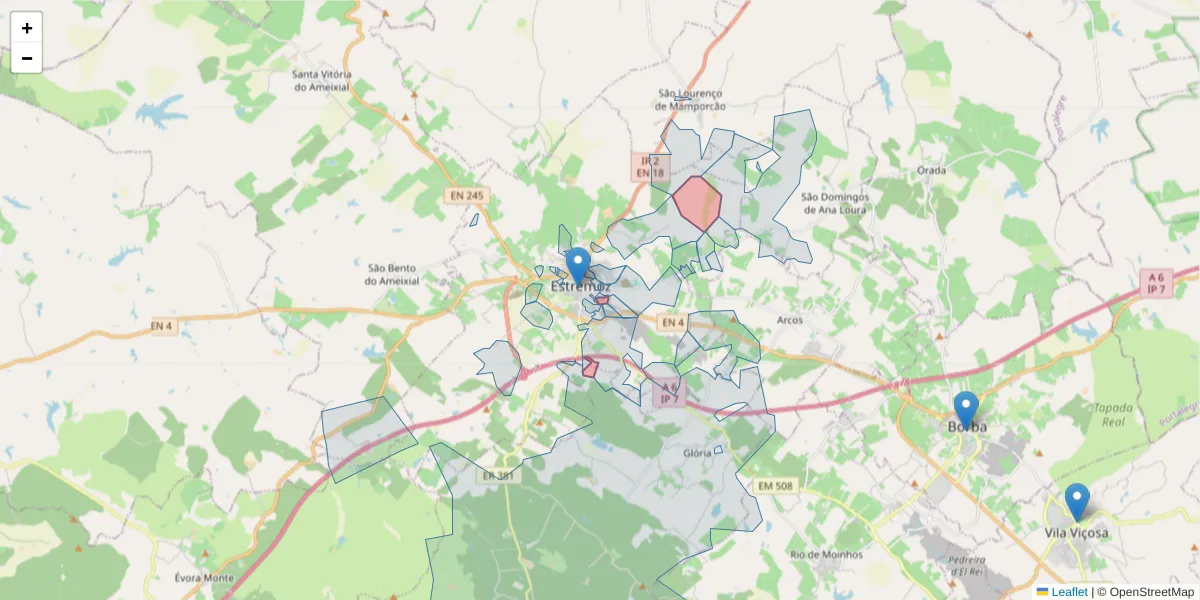 Mapa detalhado do código postal 7100-100 com limites, códigos postais vizinhos e agências dos correios