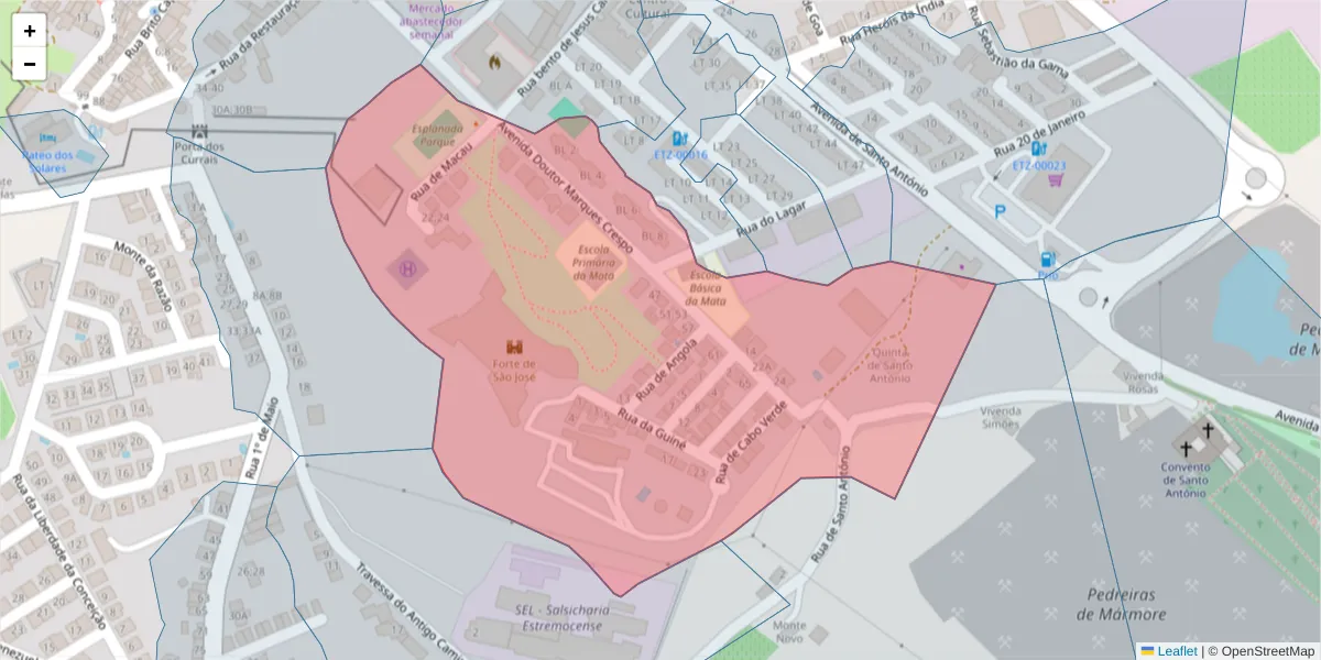 Mapa detalhado do código postal 7100-101 com limites, códigos postais vizinhos e agências dos correios
