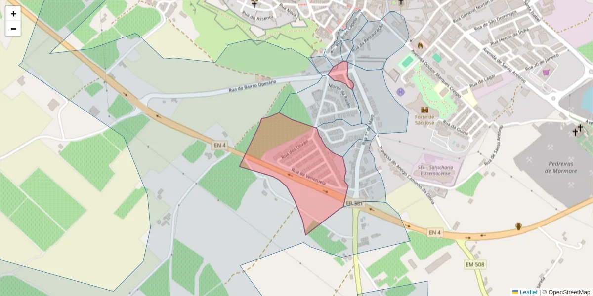 Mapa detalhado do código postal 7100-102 com limites, códigos postais vizinhos e agências dos correios
