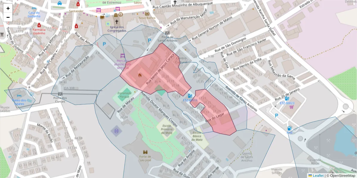 Mapa detalhado do código postal 7100-104 com limites, códigos postais vizinhos e agências dos correios