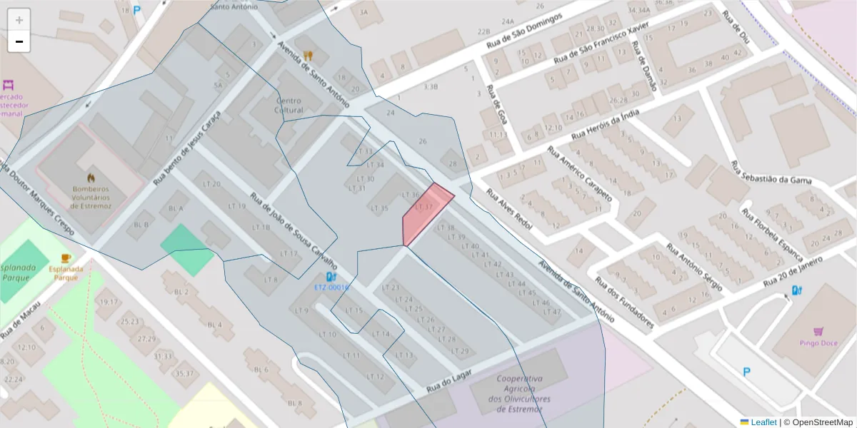 Mapa detalhado do código postal 7100-106;7100-073 com limites, códigos postais vizinhos e agências dos correios