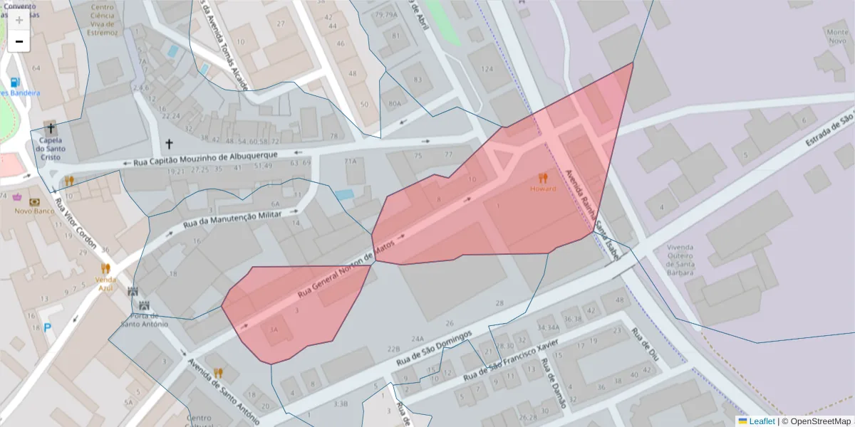 Mapa detalhado do código postal 7100-107 com limites, códigos postais vizinhos e agências dos correios