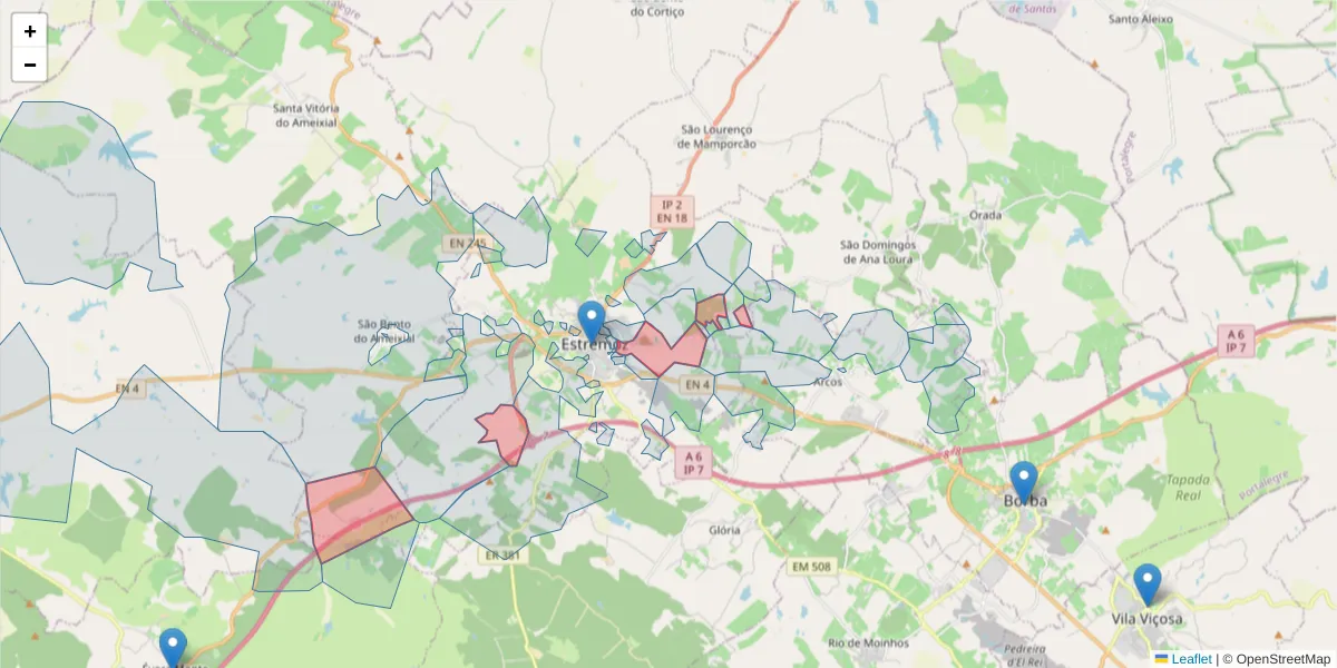 Mapa detalhado do código postal 7100-108 com limites, códigos postais vizinhos e agências dos correios