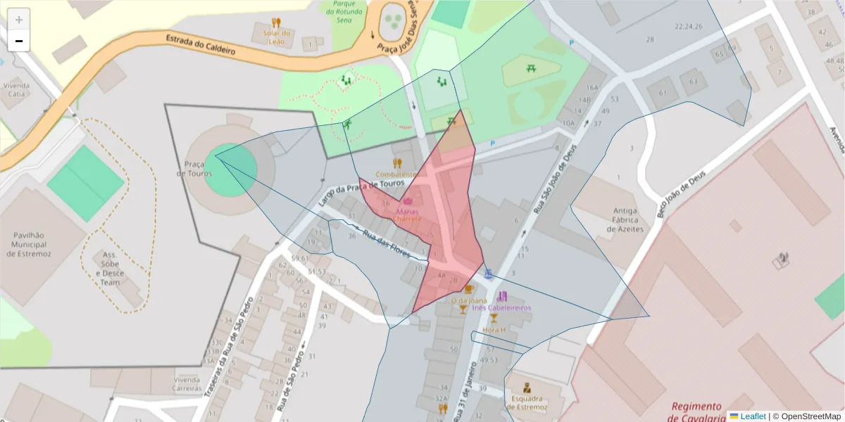 Mapa detalhado do código postal 7100-110 com limites, códigos postais vizinhos e agências dos correios