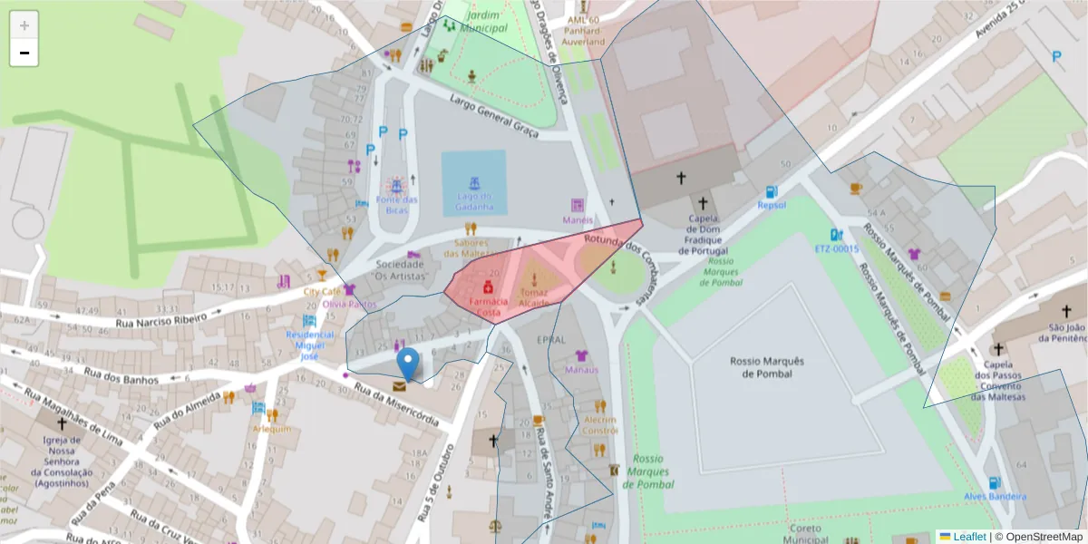 Mapa detalhado do código postal 7100-111 com limites, códigos postais vizinhos e agências dos correios