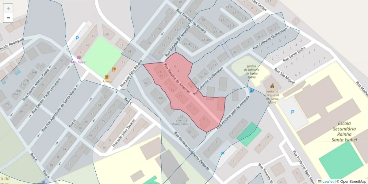 Mapa detalhado do código postal 7100-115 com limites, códigos postais vizinhos e agências dos correios