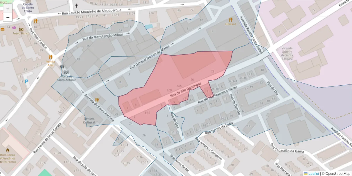 Mapa detalhado do código postal 7100-118 com limites, códigos postais vizinhos e agências dos correios