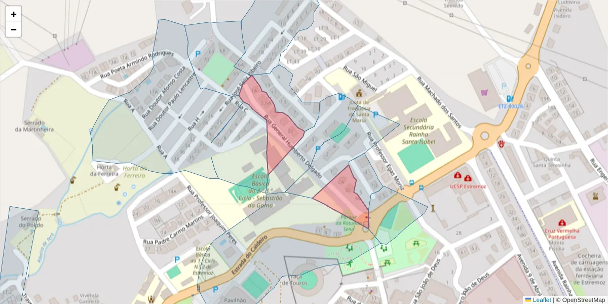 Mapa detalhado do código postal 7100-123 com limites, códigos postais vizinhos e agências dos correios