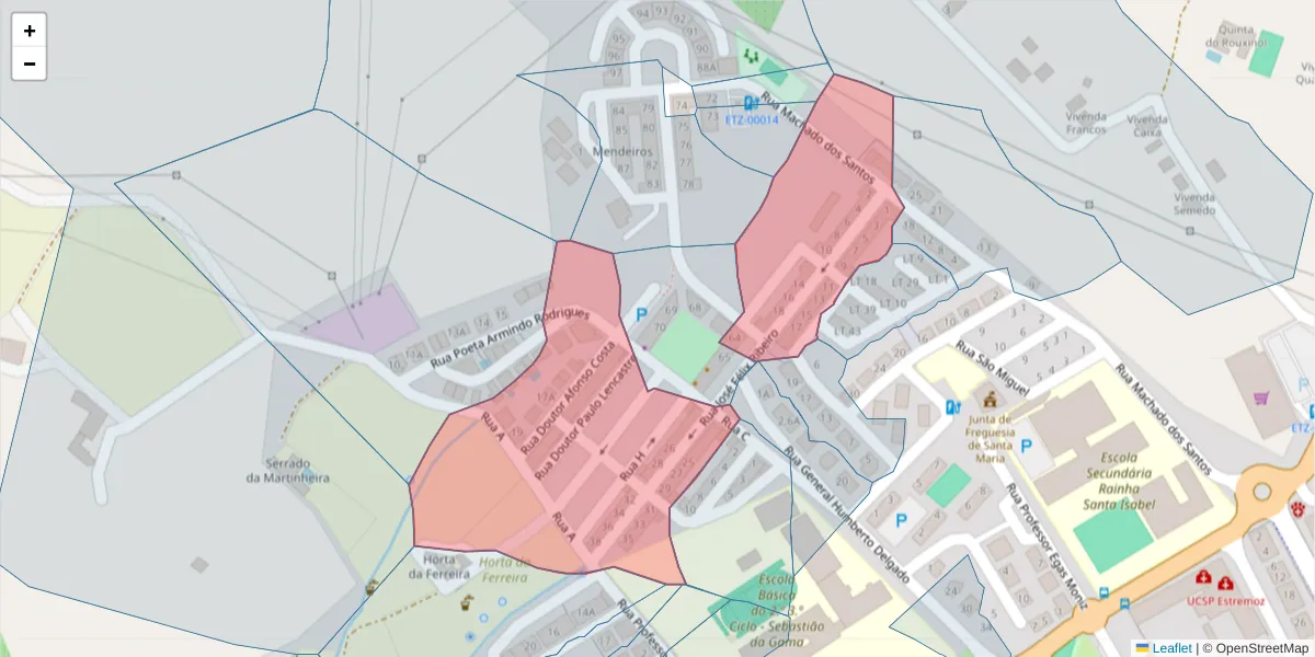Mapa detalhado do código postal 7100-125 com limites, códigos postais vizinhos e agências dos correios