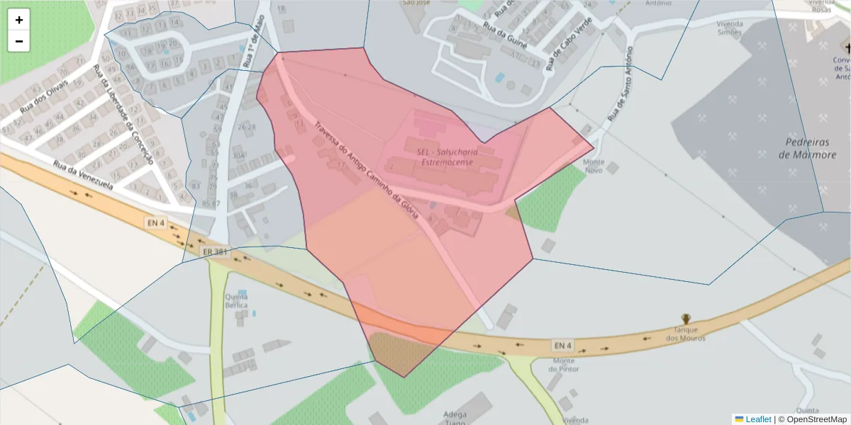 Mapa detalhado do código postal 7100-135 com limites, códigos postais vizinhos e agências dos correios