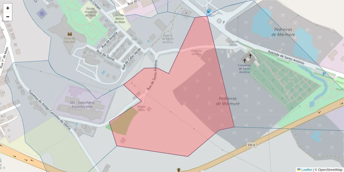 Mapa detalhado do código postal 7100-136 com limites, códigos postais vizinhos e agências dos correios