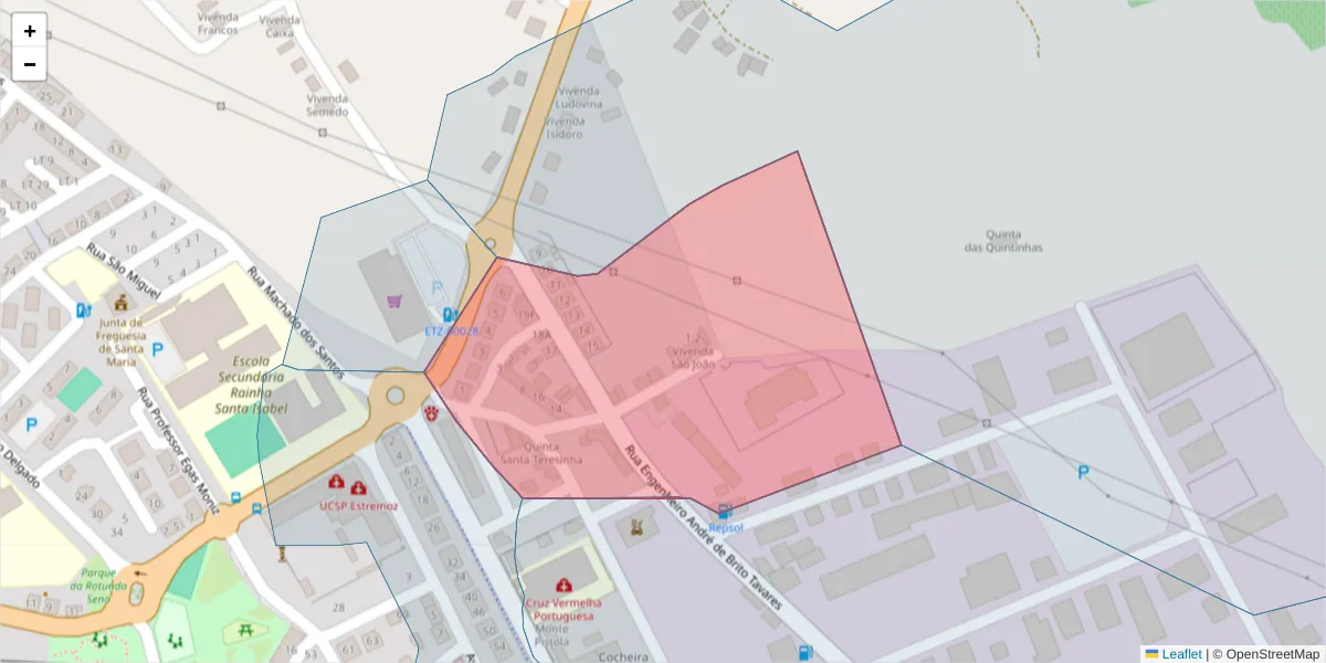 Mapa detalhado do código postal 7100-137 com limites, códigos postais vizinhos e agências dos correios