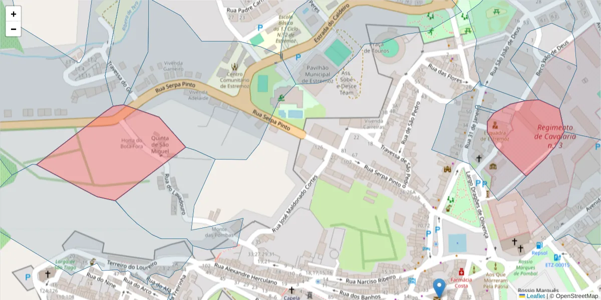 Mapa detalhado do código postal 7100-144 com limites, códigos postais vizinhos e agências dos correios