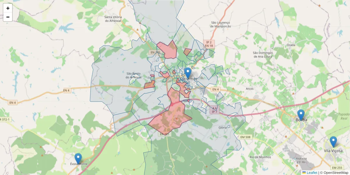Mapa detalhado do código postal 7100-149 com limites, códigos postais vizinhos e agências dos correios