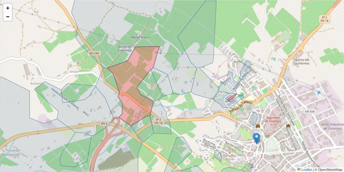 Mapa detalhado do código postal 7100-150 com limites, códigos postais vizinhos e agências dos correios
