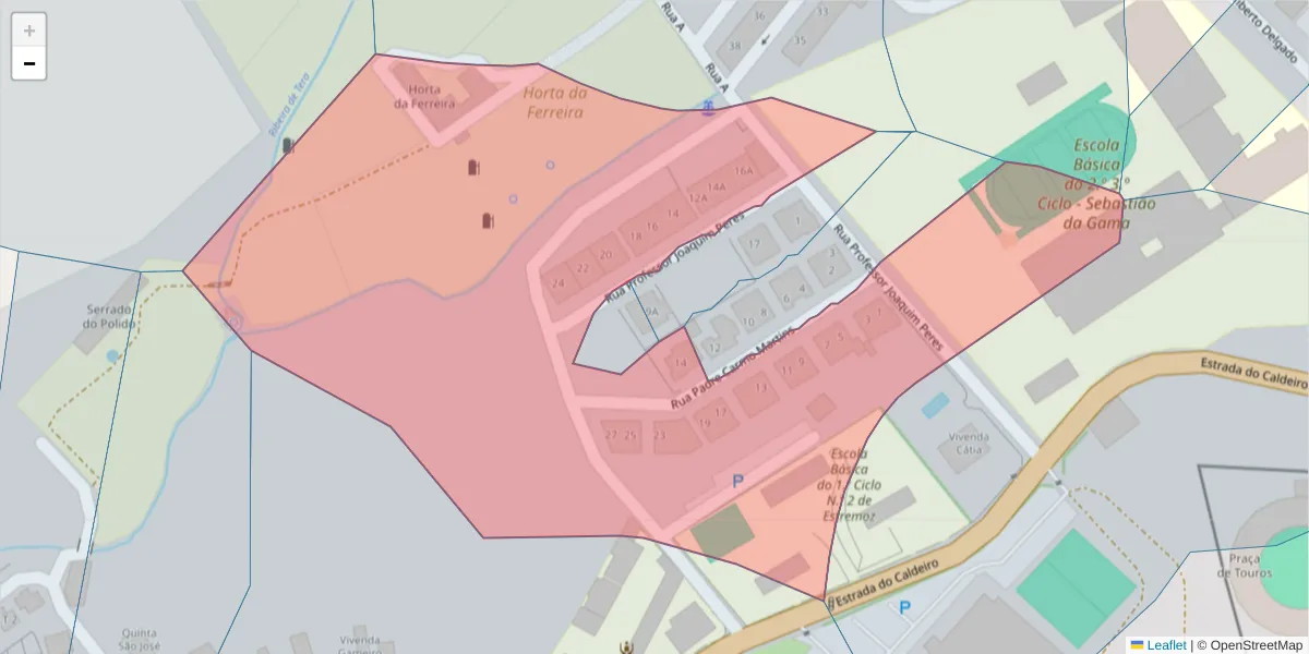 Mapa detalhado do código postal 7100-152 com limites, códigos postais vizinhos e agências dos correios