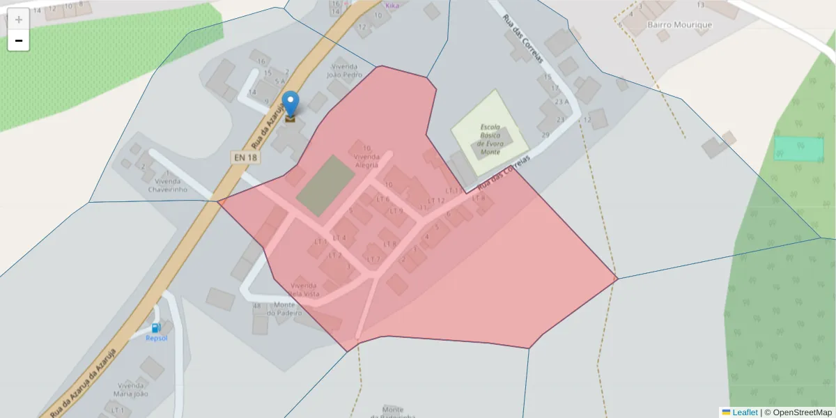 Mapa detalhado do código postal 7100-200 com limites, códigos postais vizinhos e agências dos correios