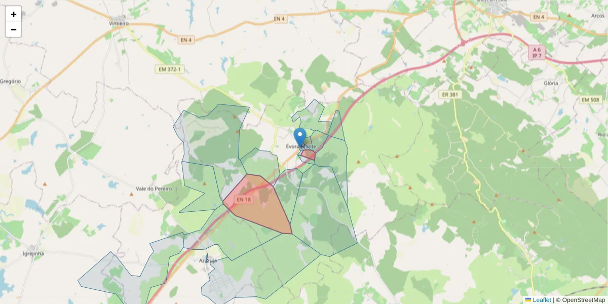 Mapa detalhado do código postal 7100-209 com limites, códigos postais vizinhos e agências dos correios