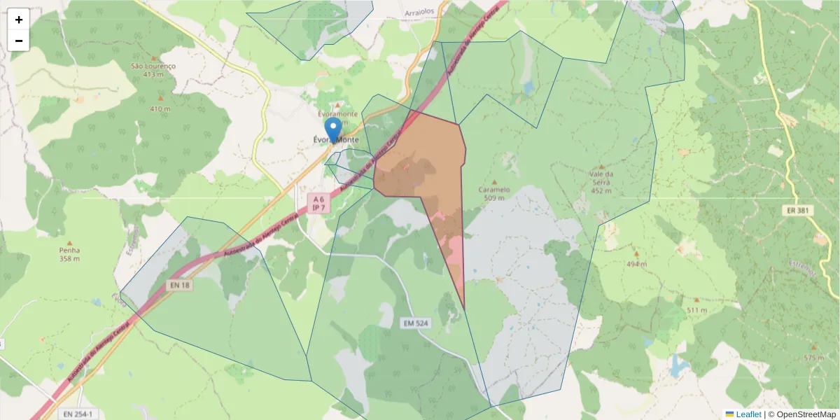 Mapa detalhado do código postal 7100-218 com limites, códigos postais vizinhos e agências dos correios