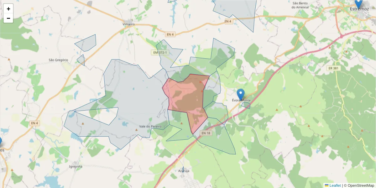 Mapa detalhado do código postal 7100-223 com limites, códigos postais vizinhos e agências dos correios