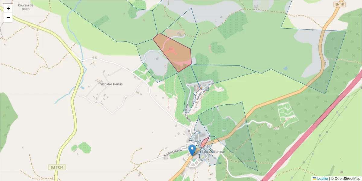 Mapa detalhado do código postal 7100-309 com limites, códigos postais vizinhos e agências dos correios