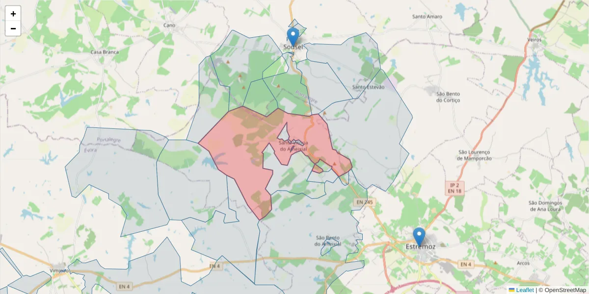 Mapa detalhado do código postal 7100-405 com limites, códigos postais vizinhos e agências dos correios