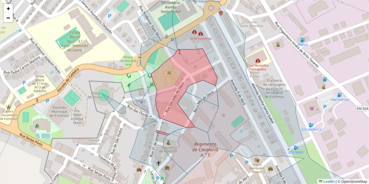 Mapa detalhado do código postal 7100-451 com limites, códigos postais vizinhos e agências dos correios