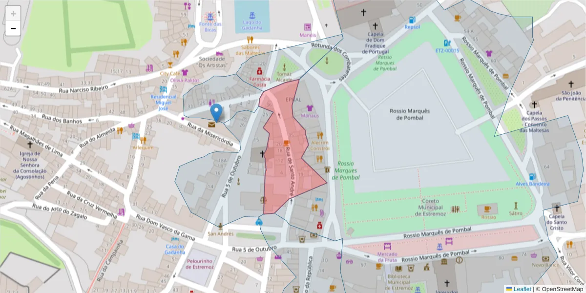 Mapa detalhado do código postal 7100-453 com limites, códigos postais vizinhos e agências dos correios