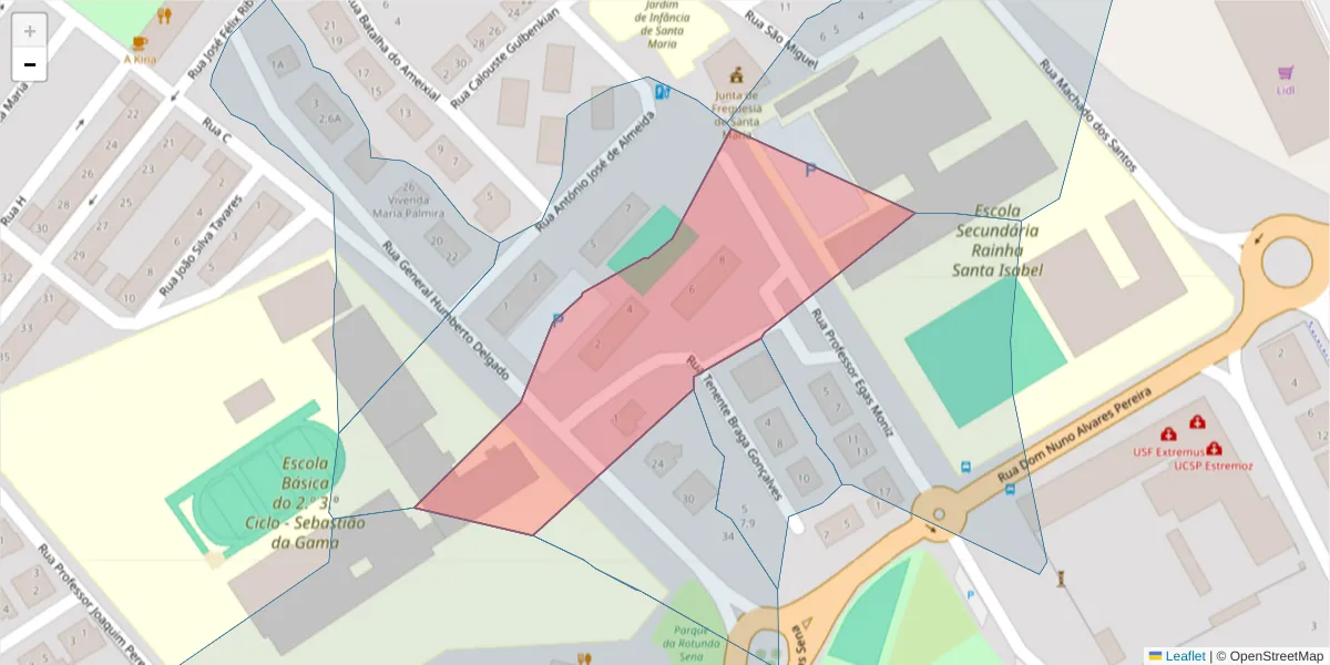 Mapa detalhado do código postal 7100-455 com limites, códigos postais vizinhos e agências dos correios