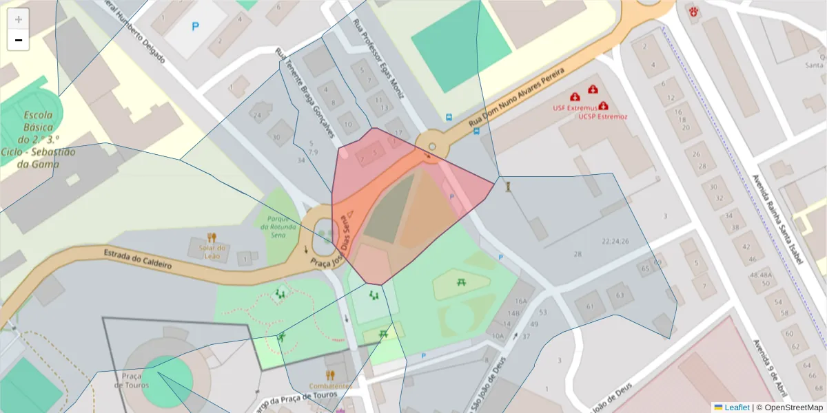 Mapa detalhado do código postal 7100-459 com limites, códigos postais vizinhos e agências dos correios