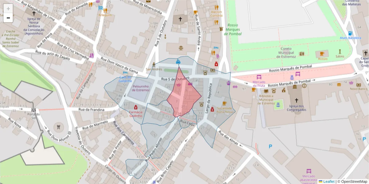 Mapa detalhado do código postal 7100-464 com limites, códigos postais vizinhos e agências dos correios