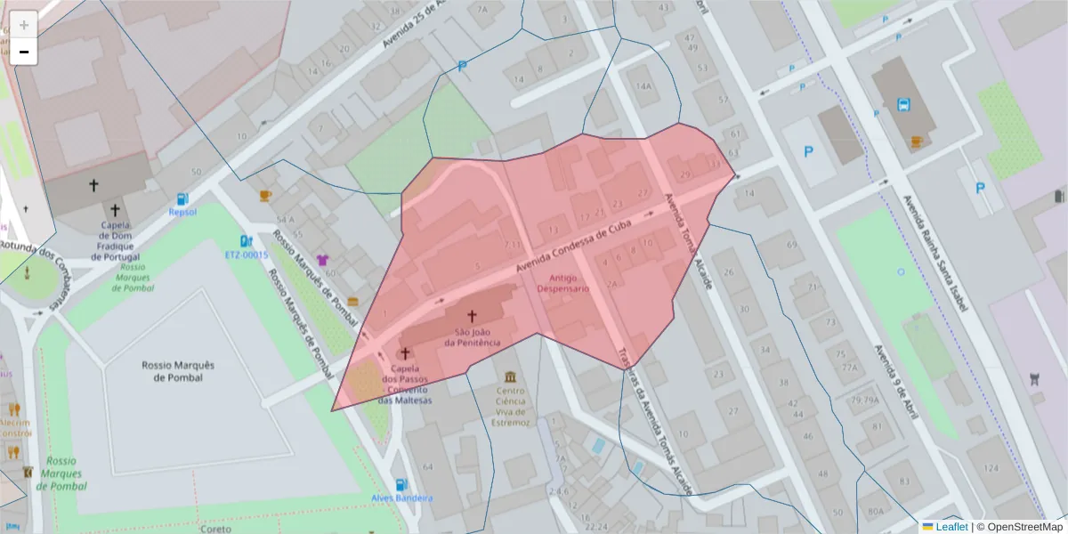Mapa detalhado do código postal 7100-501 com limites, códigos postais vizinhos e agências dos correios