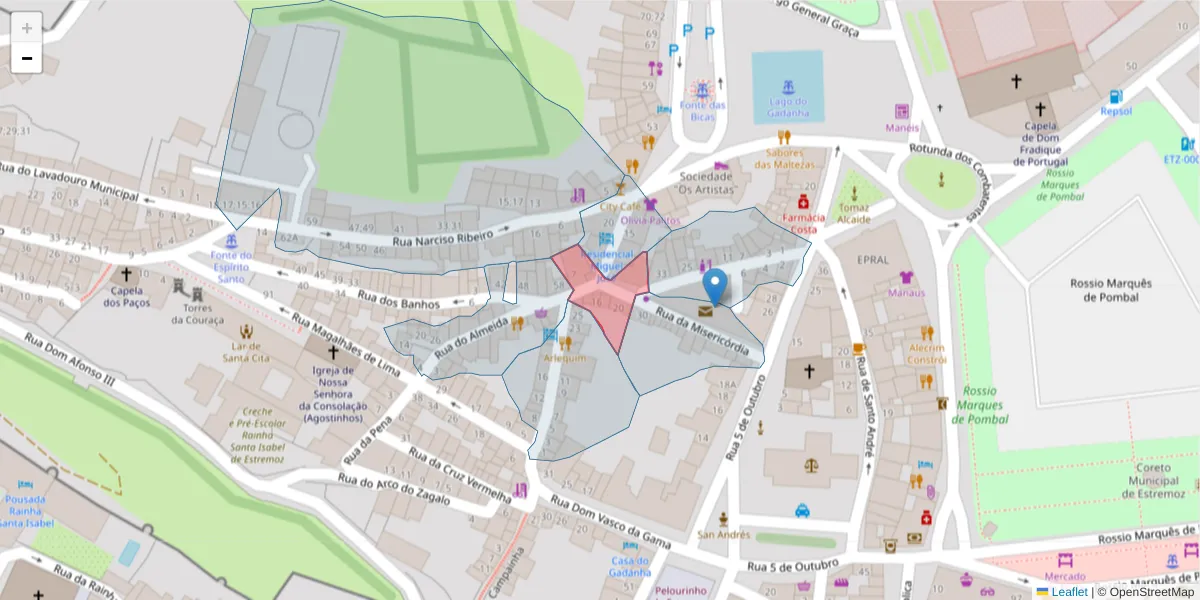 Mapa detalhado do código postal 7100-504 com limites, códigos postais vizinhos e agências dos correios