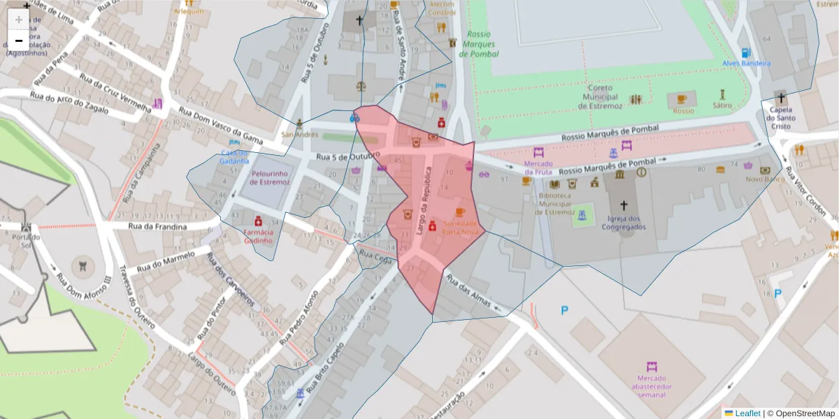 Mapa detalhado do código postal 7100-505 com limites, códigos postais vizinhos e agências dos correios