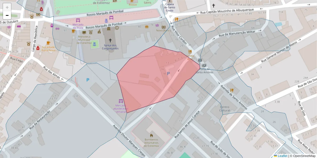 Mapa detalhado do código postal 7100-507 com limites, códigos postais vizinhos e agências dos correios