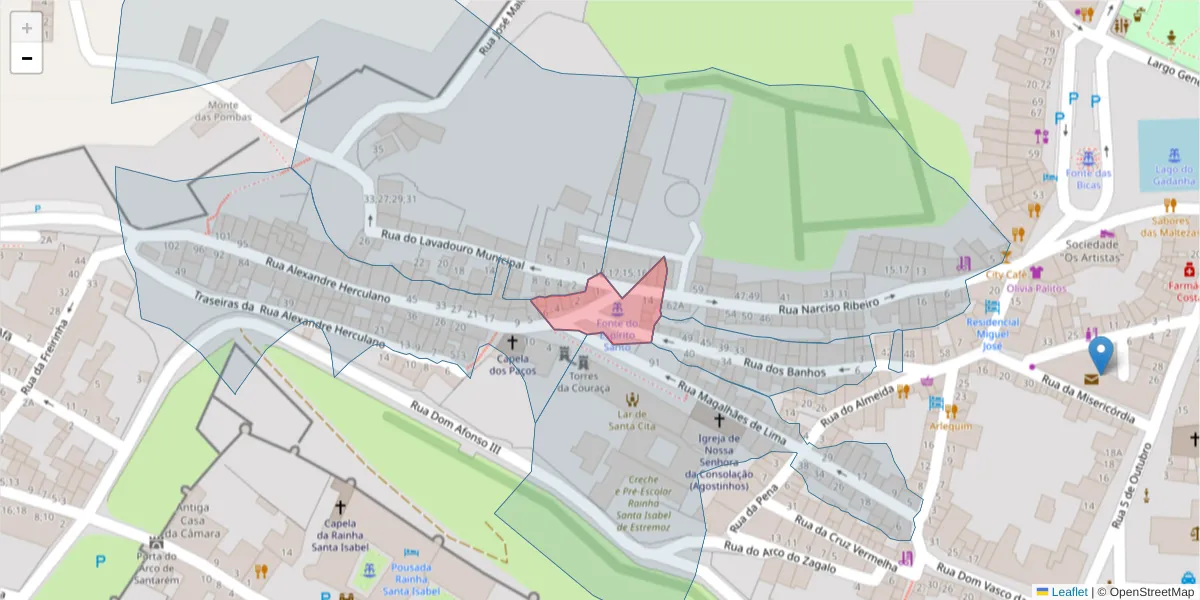 Mapa detalhado do código postal 7100-508 com limites, códigos postais vizinhos e agências dos correios