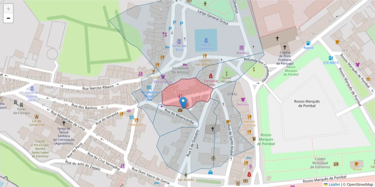 Mapa detalhado do código postal 7100-514 com limites, códigos postais vizinhos e agências dos correios